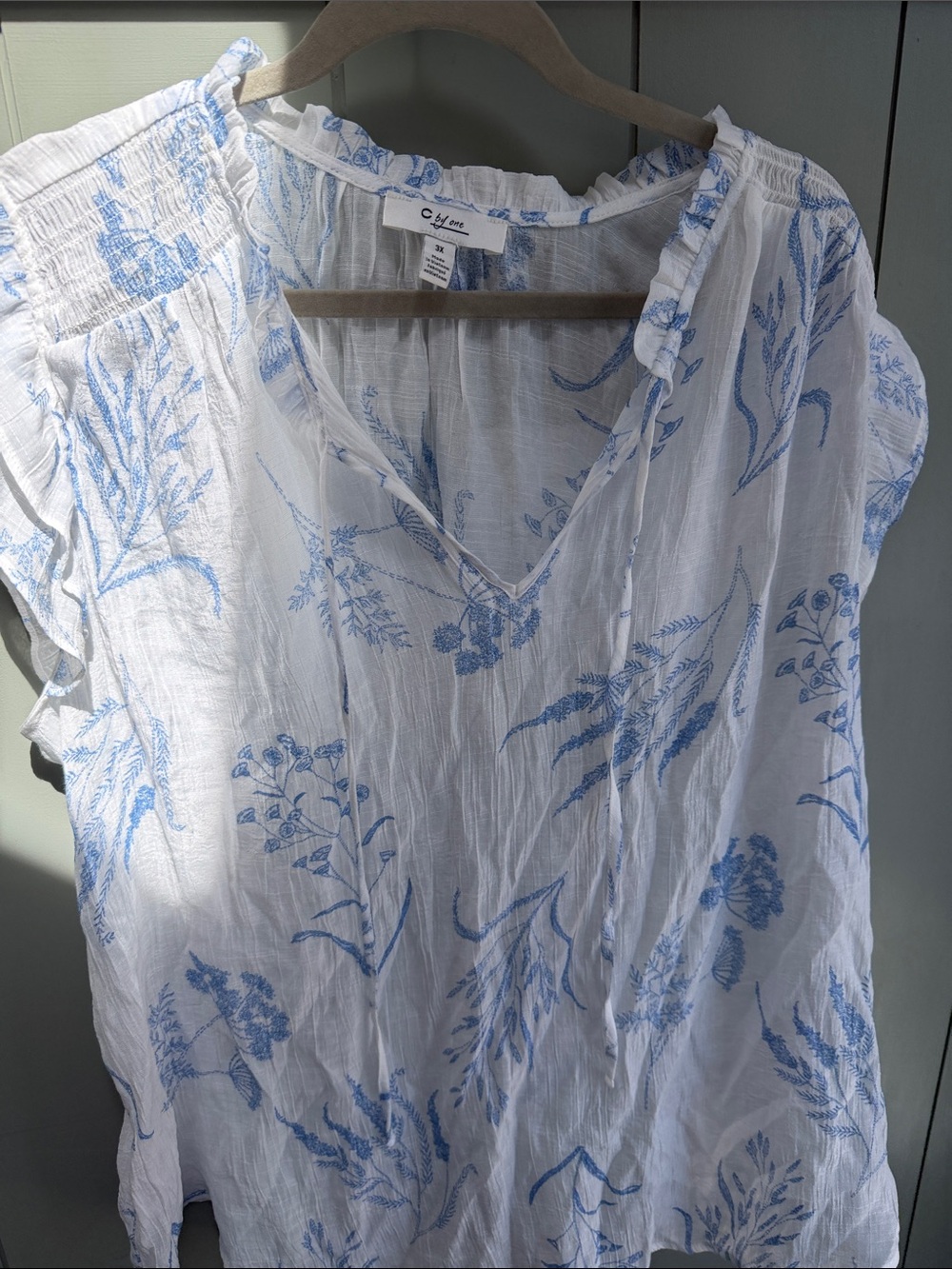 C & Me White Gauze Tunic with Light Blue Floral Print